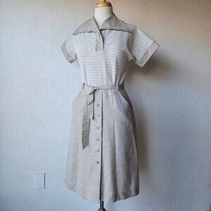 Vintage Connections 70s Tan Beige White Neutral Shirt Sailor Dress Stripe M